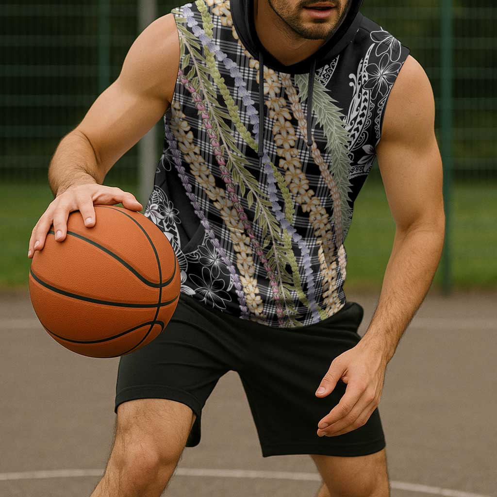 Black Palaka Hawaii Leis Sleeveless Hoodie Hawaiian-plaid Elegant Tropical Vibes - Polynesian Pride