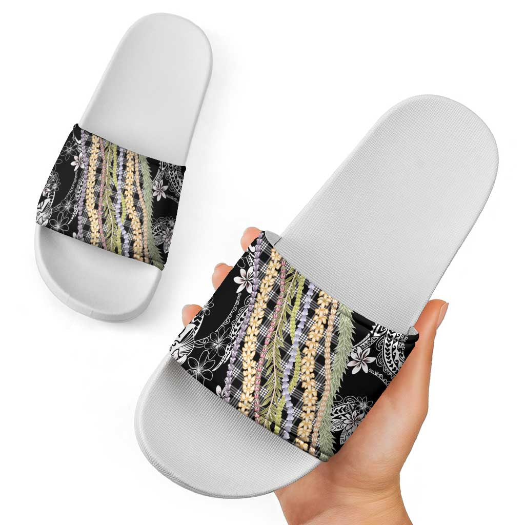 Black Palaka Hawaii Leis Slide Sandals Hawaiian-plaid Elegant Tropical Vibes - Polynesian Pride