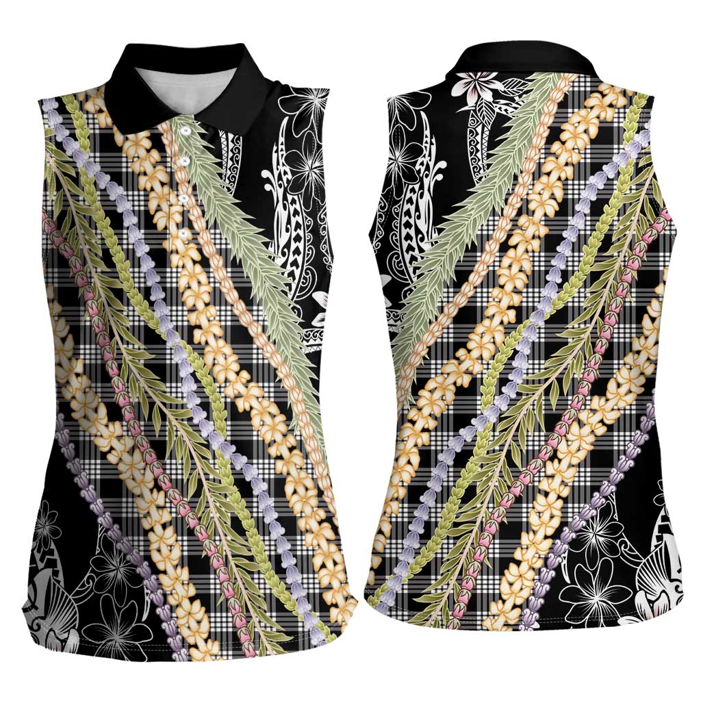 Black Palaka Hawaii Leis Women Sleeveless Polo Shirt Hawaiian-plaid Elegant Tropical Vibes - Polynesian Pride