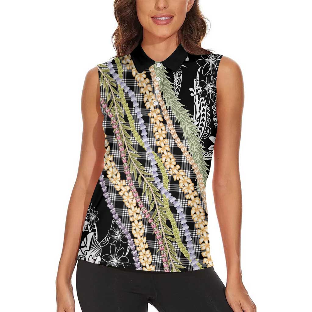 Black Palaka Hawaii Leis Women Sleeveless Polo Shirt Hawaiian-plaid Elegant Tropical Vibes - Polynesian Pride