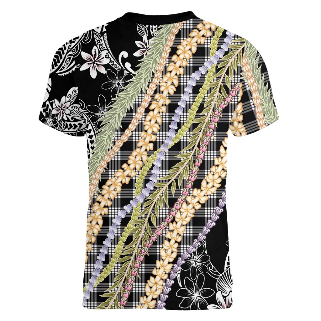 Black Palaka Hawaii Leis Women V-Neck T-Shirt Hawaiian-plaid Elegant Tropical Vibes - Polynesian Pride