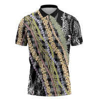 Black Palaka Hawaii Leis Zipper Polo Shirt Hawaiian-plaid Elegant Tropical Vibes - Polynesian Pride