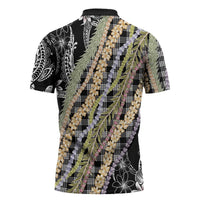 Black Palaka Hawaii Leis Zipper Polo Shirt Hawaiian-plaid Elegant Tropical Vibes - Polynesian Pride