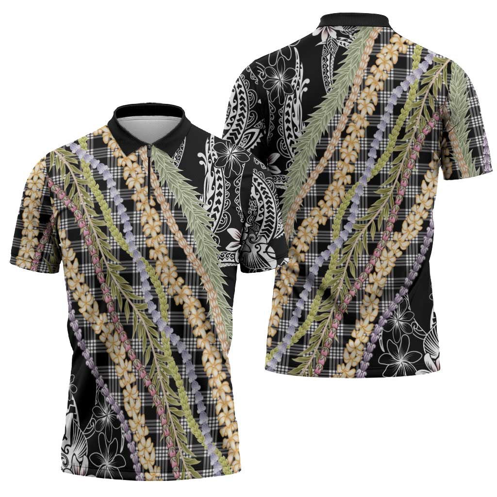 Black Palaka Hawaii Leis Zipper Polo Shirt Hawaiian-plaid Elegant Tropical Vibes - Polynesian Pride
