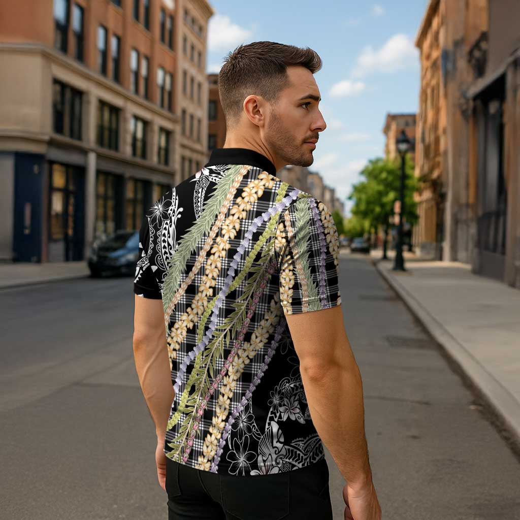 Black Palaka Hawaii Leis Zipper Polo Shirt Hawaiian-plaid Elegant Tropical Vibes - Polynesian Pride