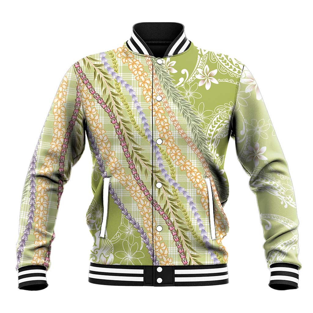 Green Palaka Hawaii Leis Baseball Jacket Hawaiian-plaid Elegant Tropical Vibes - Polynesian Pride