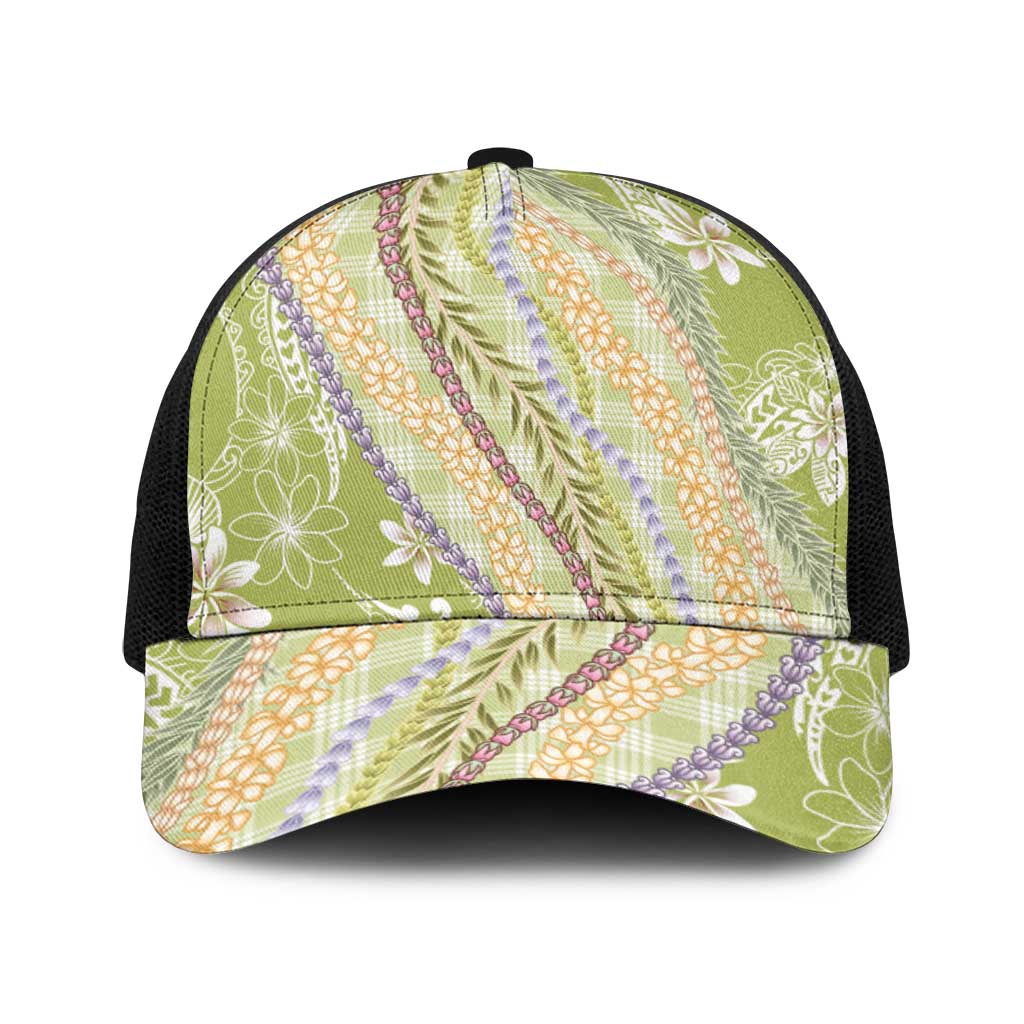 Green Palaka Hawaii Leis Baseball Net Cap Hawaiian-plaid Elegant Tropical Vibes - Polynesian Pride