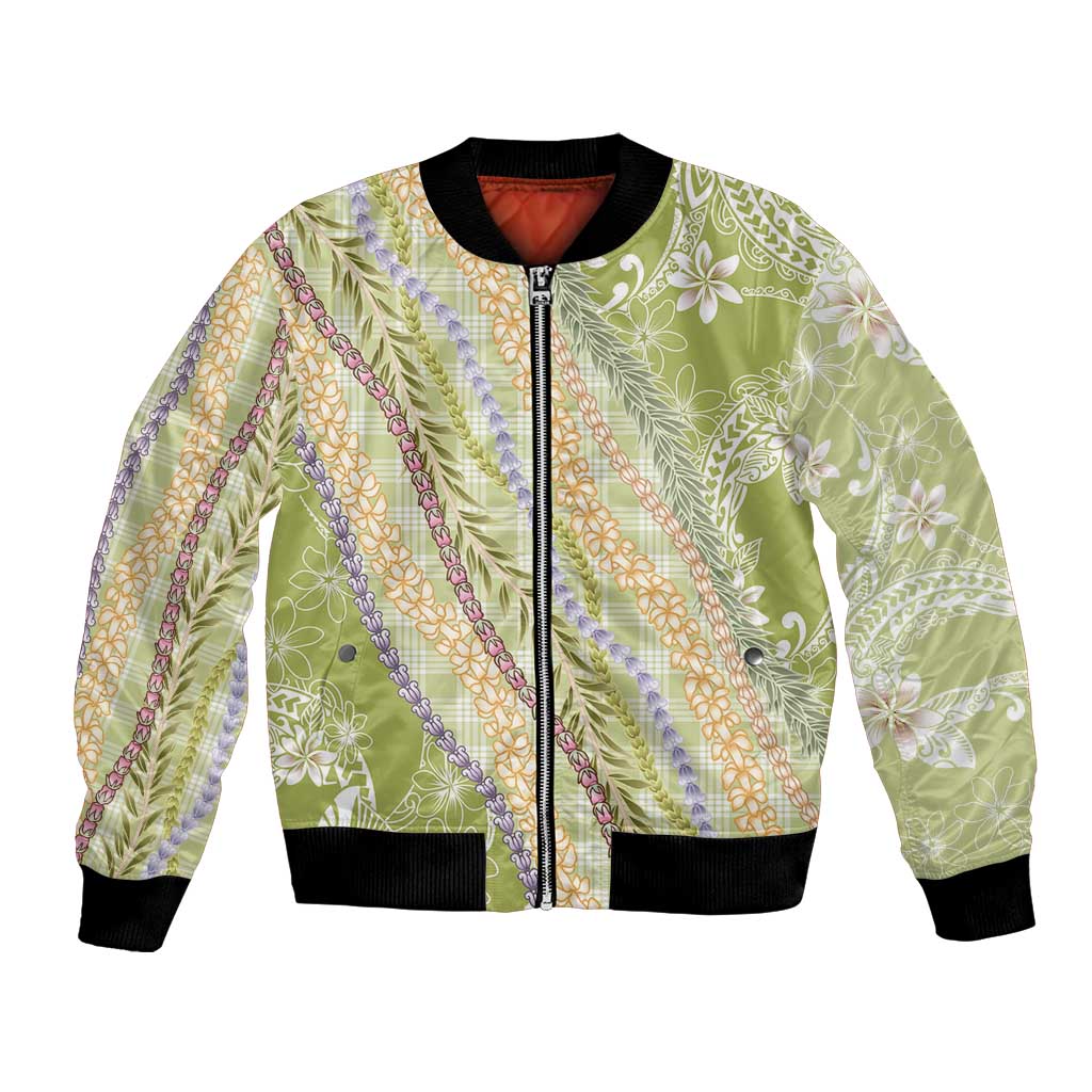 Green Palaka Hawaii Leis Bomber Jacket Hawaiian-plaid Elegant Tropical Vibes - Polynesian Pride