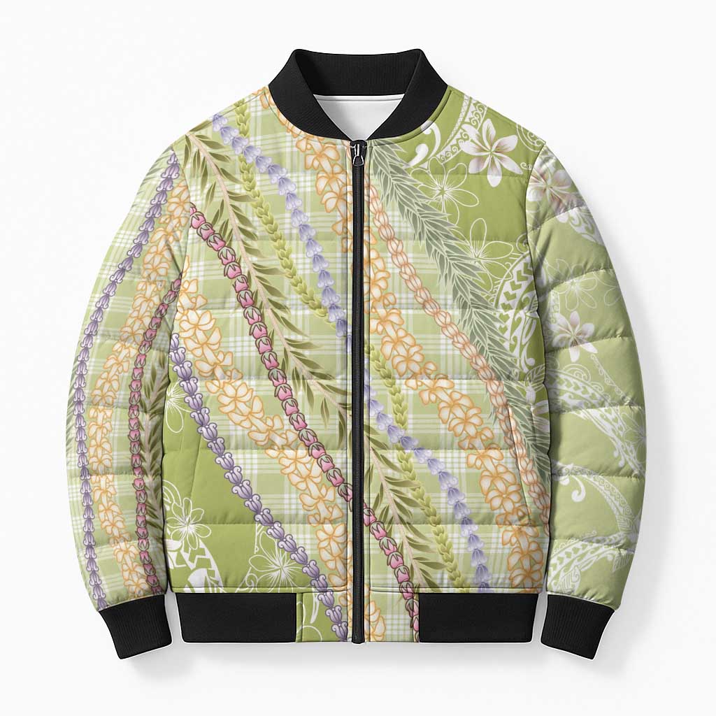 Green Palaka Hawaii Leis Bomber Puffer Jacket Hawaiian-plaid Elegant Tropical Vibes - Polynesian Pride
