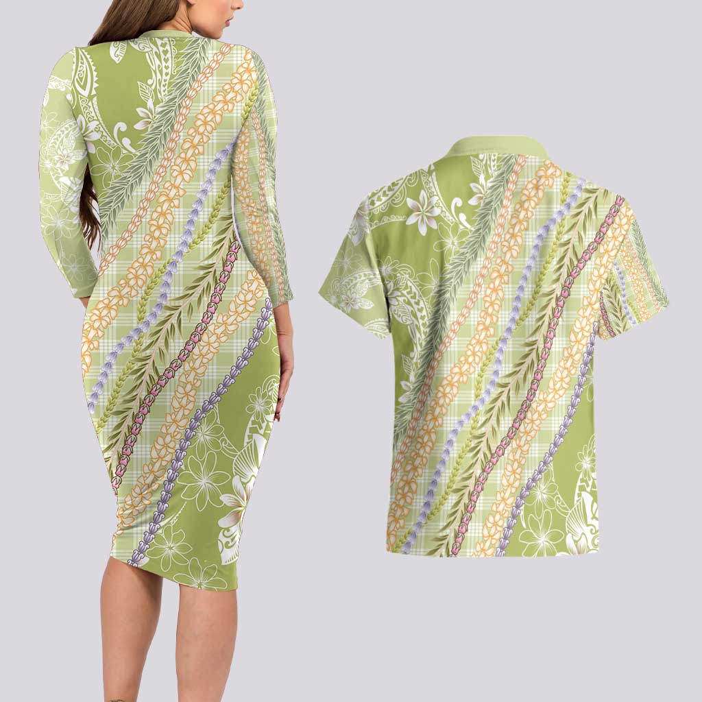 Green Palaka Hawaii Leis Couples Matching Long Sleeve Bodycon Dress and Hawaiian Shirt Hawaiian-plaid Elegant Tropical Vibes - Polynesian Pride