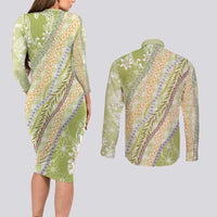 Green Palaka Hawaii Leis Couples Matching Long Sleeve Bodycon Dress and Long Sleeve Button Shirt Hawaiian-plaid Elegant Tropical Vibes - Polynesian Pride