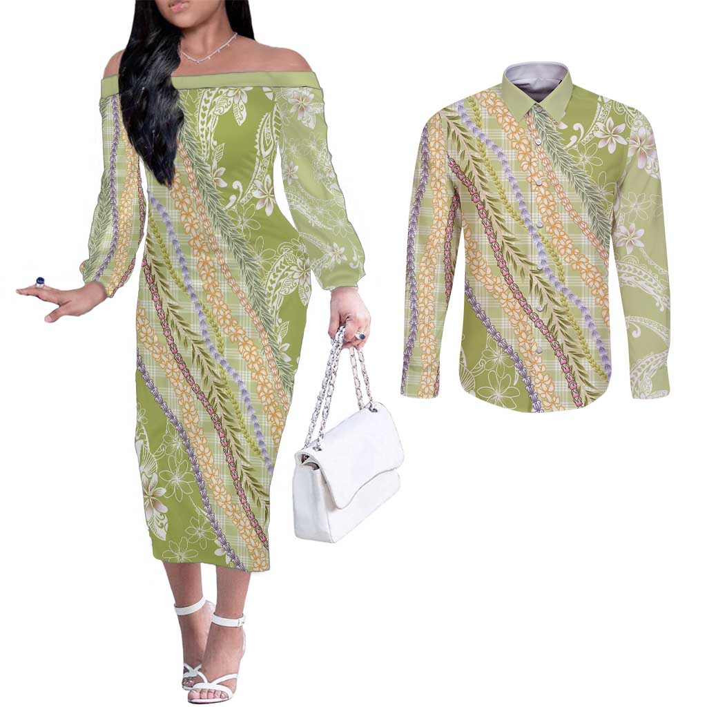 Green Palaka Hawaii Leis Couples Matching Off The Shoulder Long Sleeve Dress and Long Sleeve Button Shirt Hawaiian-plaid Elegant Tropical Vibes - Polynesian Pride