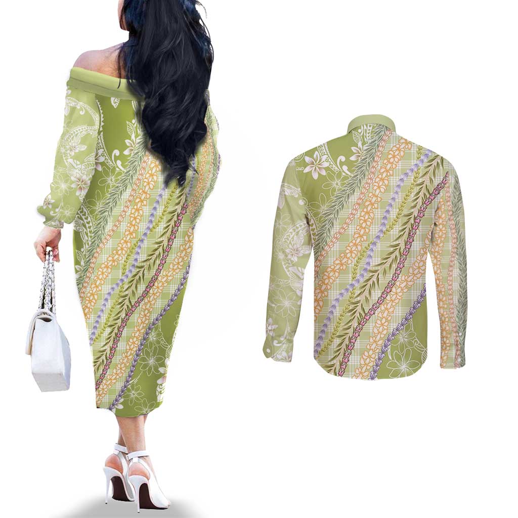 Green Palaka Hawaii Leis Couples Matching Off The Shoulder Long Sleeve Dress and Long Sleeve Button Shirt Hawaiian-plaid Elegant Tropical Vibes - Polynesian Pride