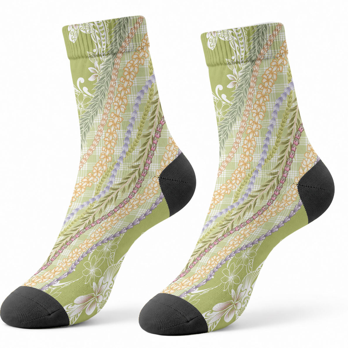 Green Palaka Hawaii Leis Crew Socks Hawaiian-plaid Elegant Tropical Vibes