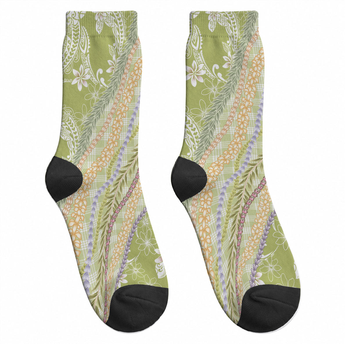 Green Palaka Hawaii Leis Crew Socks Hawaiian-plaid Elegant Tropical Vibes