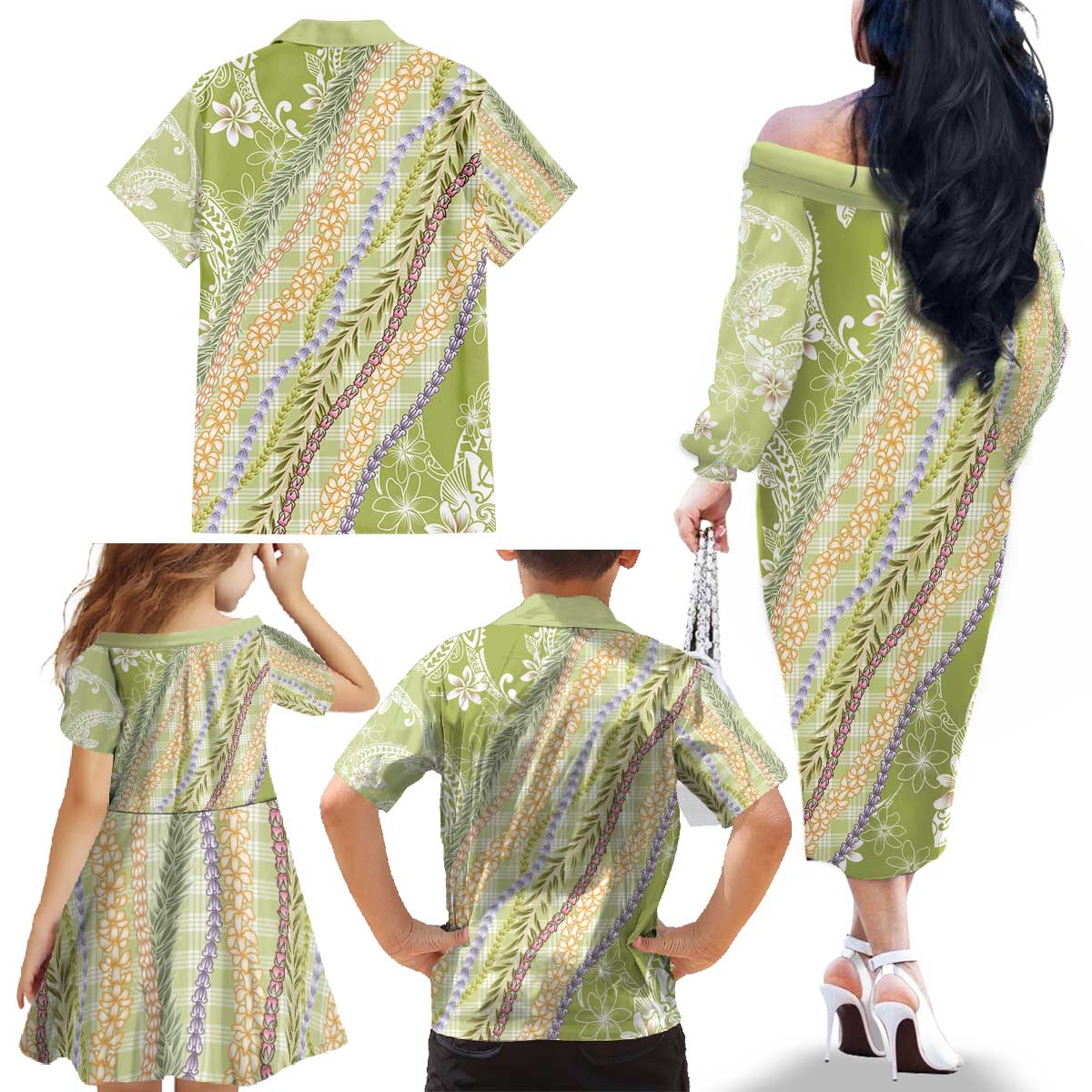 Green Palaka Hawaii Leis Family Matching Off The Shoulder Long Sleeve Dress and Hawaiian Shirt Hawaiian-plaid Elegant Tropical Vibes - Polynesian Pride