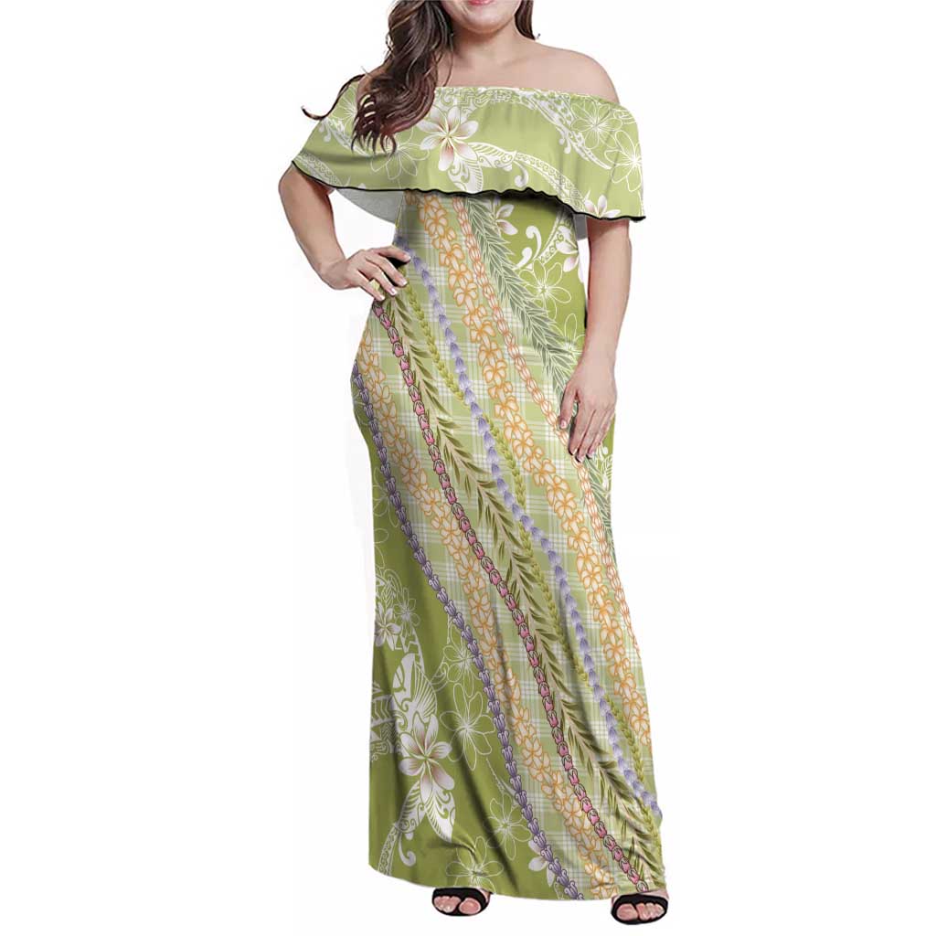 Green Palaka Hawaii Leis Family Matching Off Shoulder Maxi Dress and Hawaiian Shirt Hawaiian-plaid Elegant Tropical Vibes - Polynesian Pride