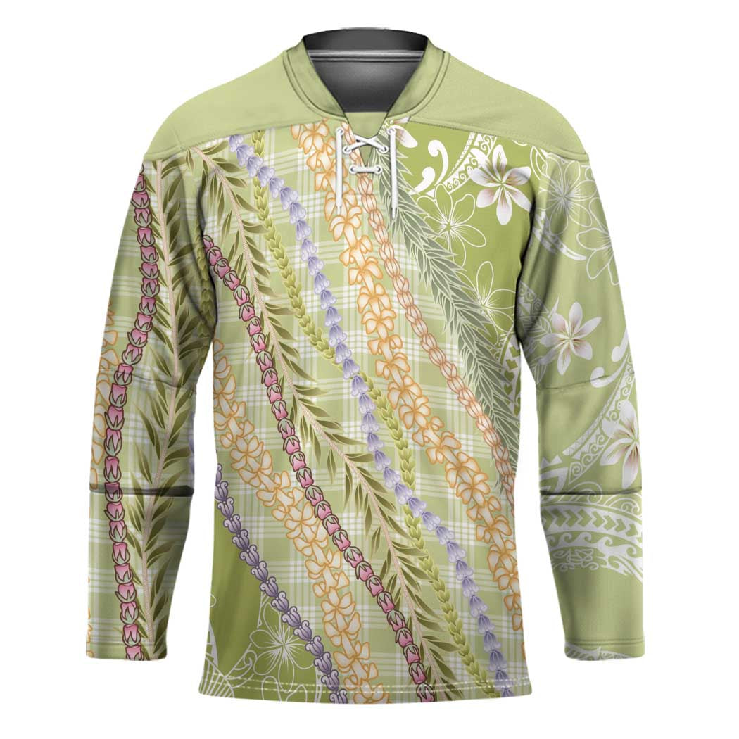 Green Palaka Hawaii Leis Hockey Jersey Hawaiian-plaid Elegant Tropical Vibes - Polynesian Pride