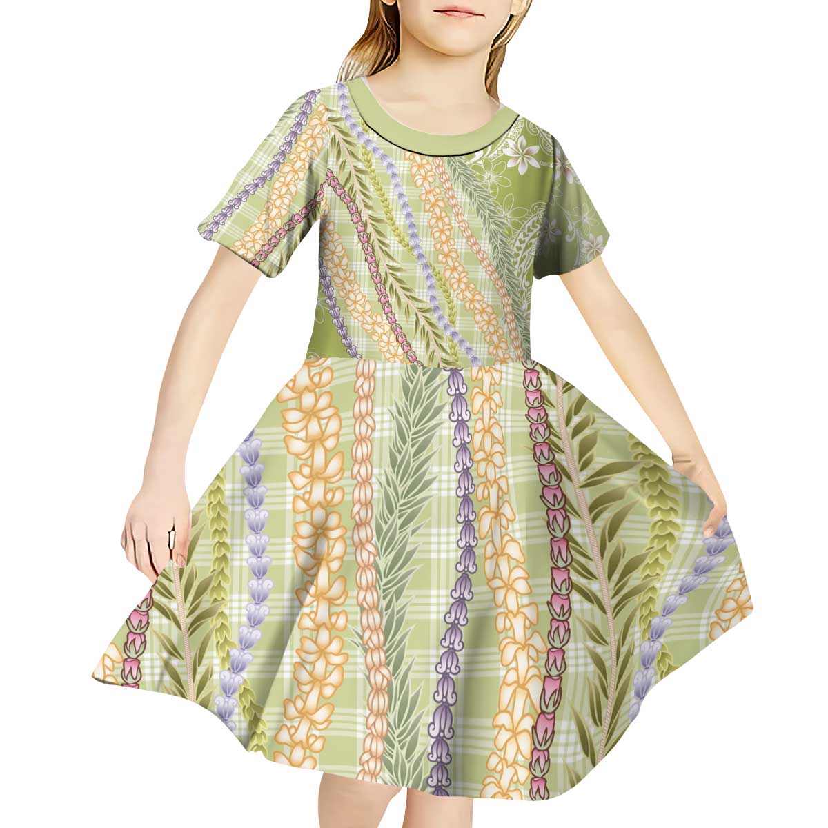 Green Palaka Hawaii Leis Kid Short Sleeve Dress Hawaiian-plaid Elegant Tropical Vibes - Polynesian Pride