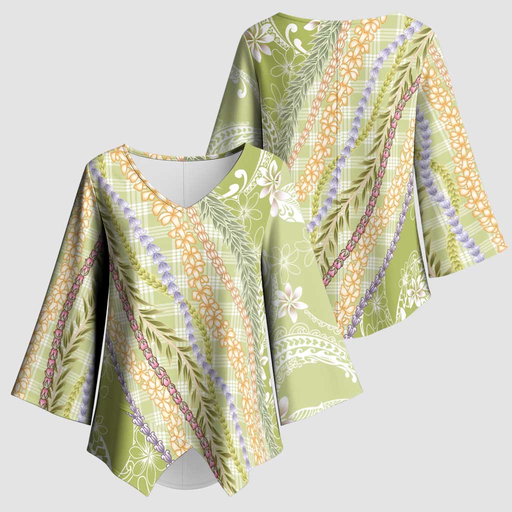Green Palaka Hawaii Leis Kimono Sleeve Blouse Hawaiian-plaid Elegant Tropical Vibes - Polynesian Pride