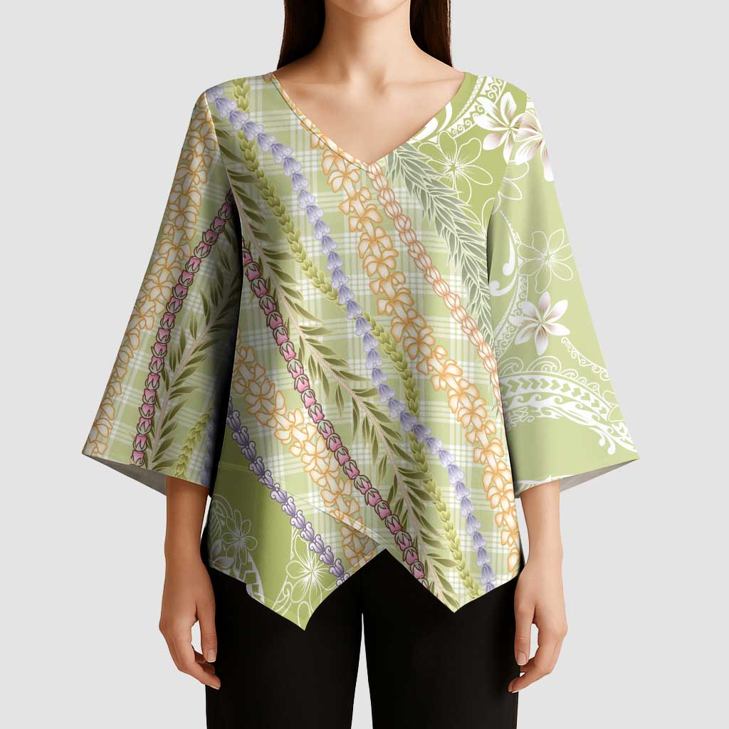 Green Palaka Hawaii Leis Kimono Sleeve Blouse Hawaiian-plaid Elegant Tropical Vibes - Polynesian Pride