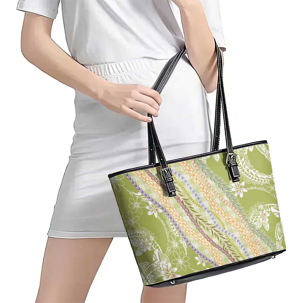 Green Palaka Hawaii Leis Leather Tote Bag Hawaiian-plaid Elegant Tropical Vibes - Polynesian Pride