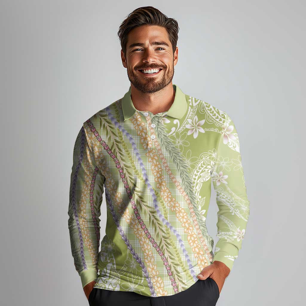 Green Palaka Hawaii Leis Long Sleeve Polo Shirt Hawaiian-plaid Elegant Tropical Vibes - Polynesian Pride
