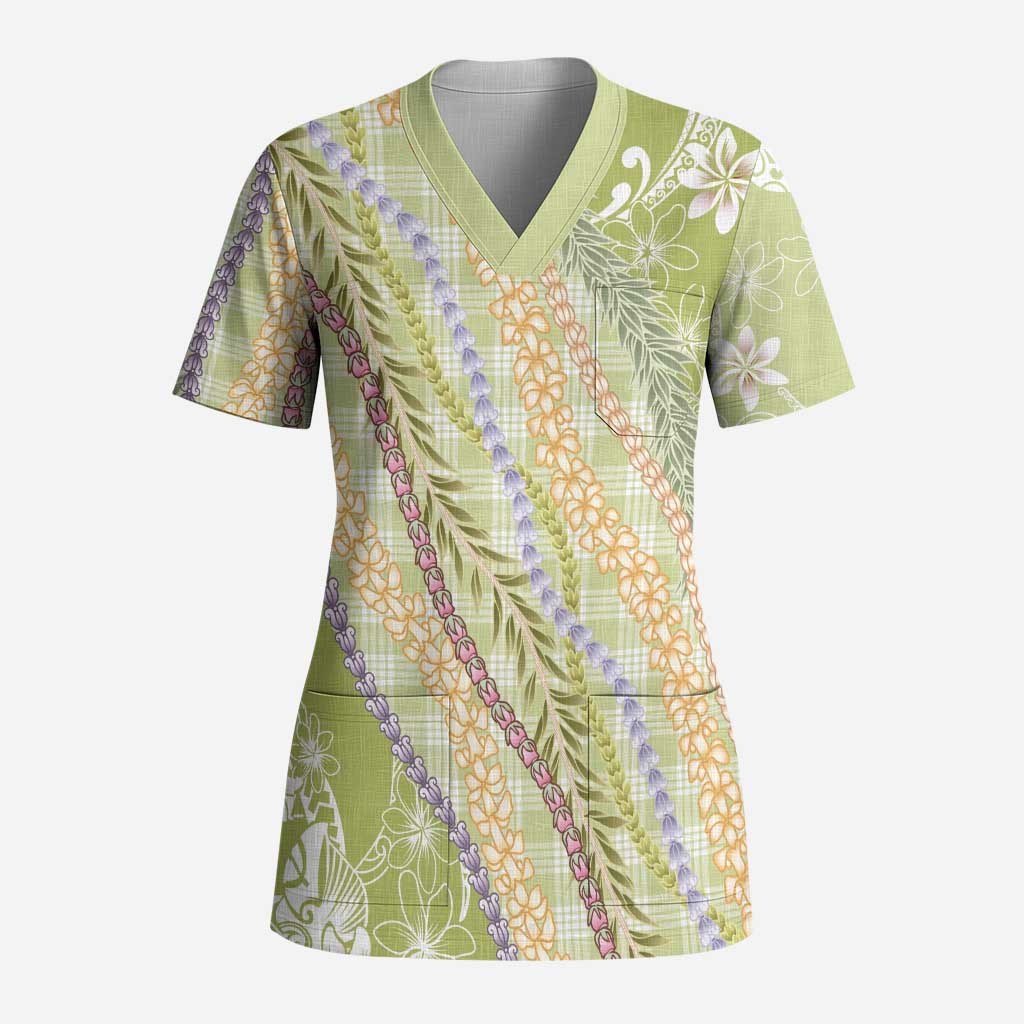 Green Palaka Hawaii Leis Scrub Top Hawaiian-plaid Elegant Tropical Vibes - Polynesian Pride