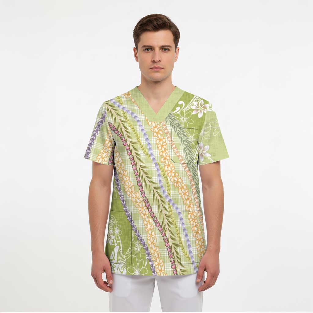Green Palaka Hawaii Leis Scrub Top Hawaiian-plaid Elegant Tropical Vibes - Polynesian Pride