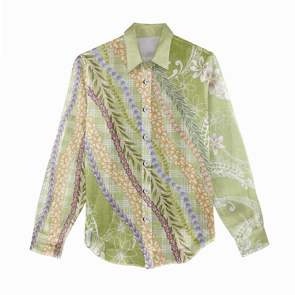 Green Palaka Hawaii Leis Women Casual Shirt Hawaiian-plaid Elegant Tropical Vibes - Polynesian Pride