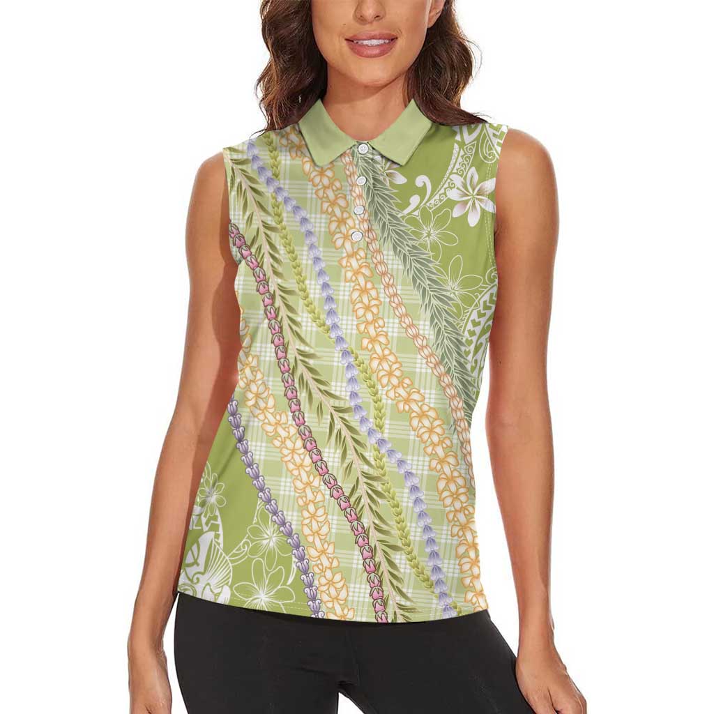 Green Palaka Hawaii Leis Women Sleeveless Polo Shirt Hawaiian-plaid Elegant Tropical Vibes - Polynesian Pride