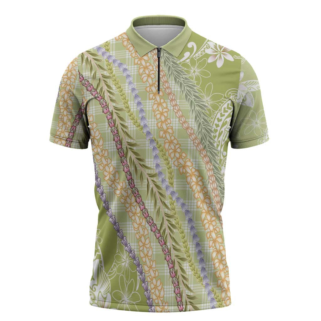 Green Palaka Hawaii Leis Zipper Polo Shirt Hawaiian-plaid Elegant Tropical Vibes - Polynesian Pride