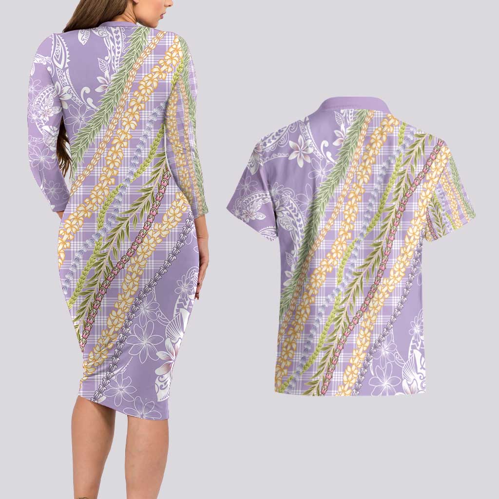 Purple Palaka Hawaii Leis Couples Matching Long Sleeve Bodycon Dress and Hawaiian Shirt Hawaiian-plaid Elegant Tropical Vibes - Polynesian Pride