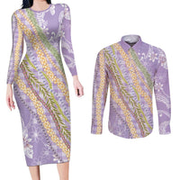 Purple Palaka Hawaii Leis Couples Matching Long Sleeve Bodycon Dress and Long Sleeve Button Shirt Hawaiian-plaid Elegant Tropical Vibes - Polynesian Pride