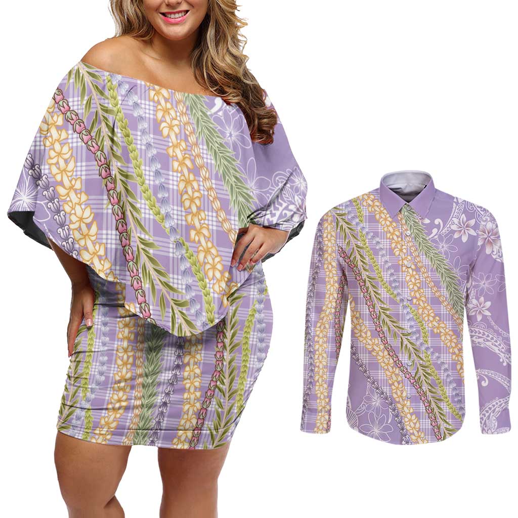 Purple Palaka Hawaii Leis Couples Matching Off Shoulder Short Dress and Long Sleeve Button Shirt Hawaiian-plaid Elegant Tropical Vibes - Polynesian Pride