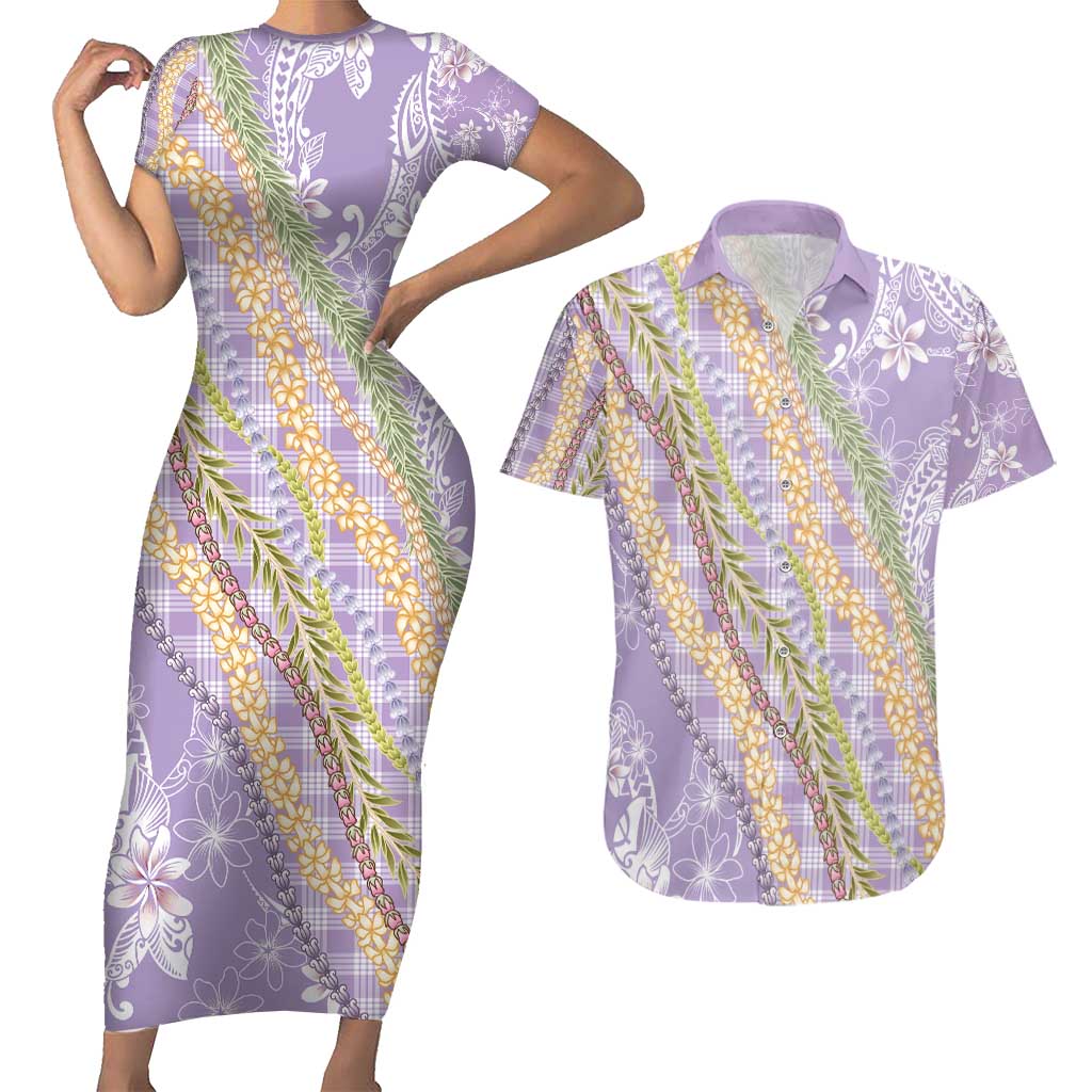 Purple Palaka Hawaii Leis Couples Matching Short Sleeve Bodycon Dress and Hawaiian Shirt Hawaiian-plaid Elegant Tropical Vibes - Polynesian Pride