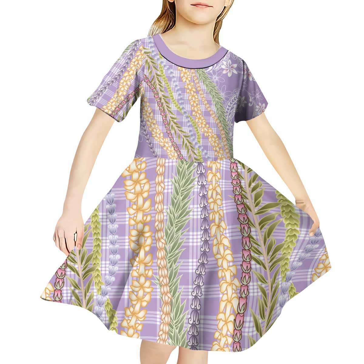 Purple Palaka Hawaii Leis Kid Short Sleeve Dress Hawaiian-plaid Elegant Tropical Vibes - Polynesian Pride