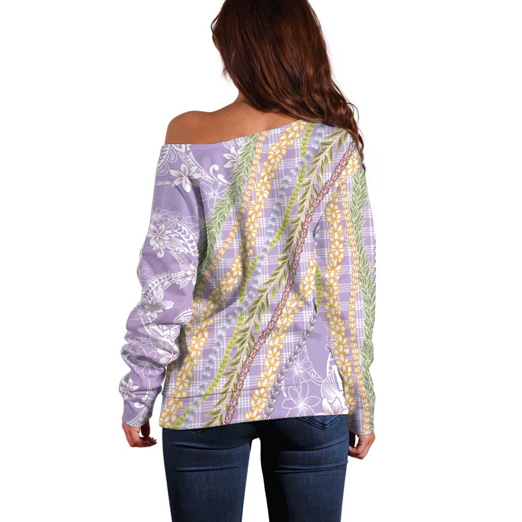 Purple Palaka Hawaii Leis Off Shoulder Sweater Hawaiian-plaid Elegant Tropical Vibes - Polynesian Pride