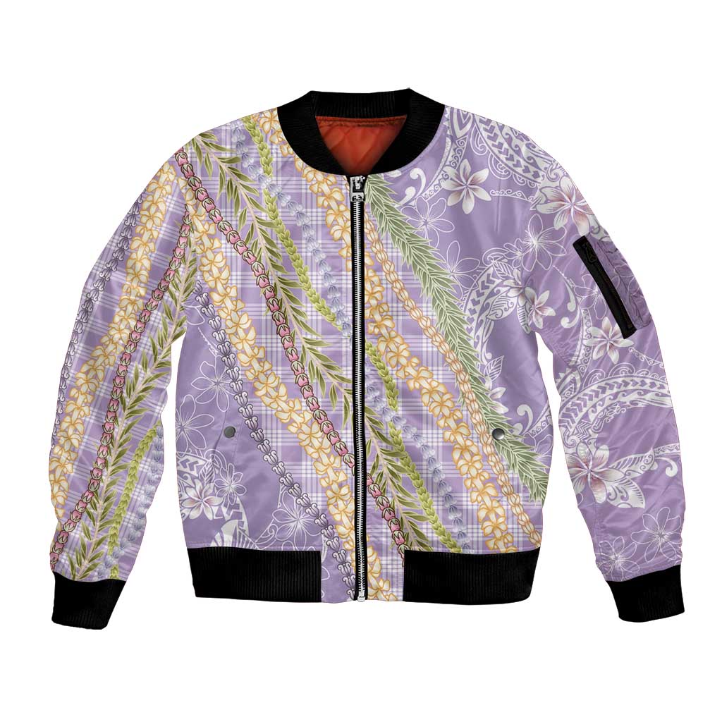 Purple Palaka Hawaii Leis Sleeve Zip Bomber Jacket Hawaiian-plaid Elegant Tropical Vibes - Polynesian Pride