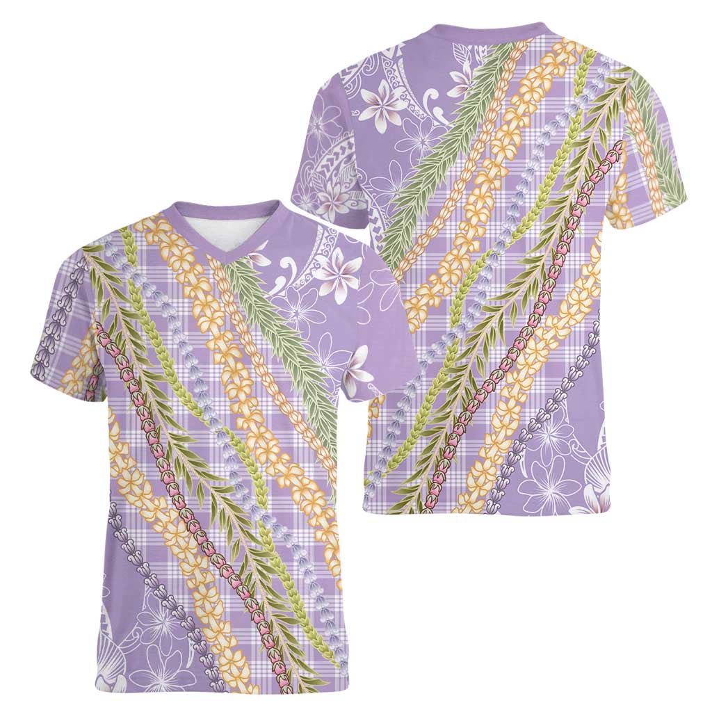 Purple Palaka Hawaii Leis Women V-Neck T-Shirt Hawaiian-plaid Elegant Tropical Vibes - Polynesian Pride