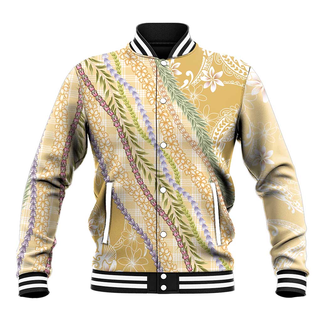 Yellow Palaka Hawaii Leis Baseball Jacket Hawaiian-plaid Elegant Tropical Vibes - Polynesian Pride