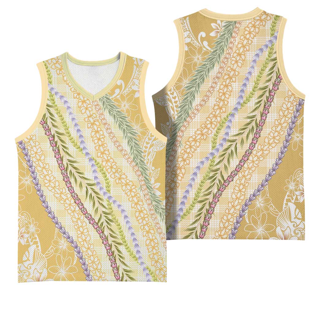 Yellow Palaka Hawaii Leis Basketball Jersey Hawaiian-plaid Elegant Tropical Vibes - Polynesian Pride