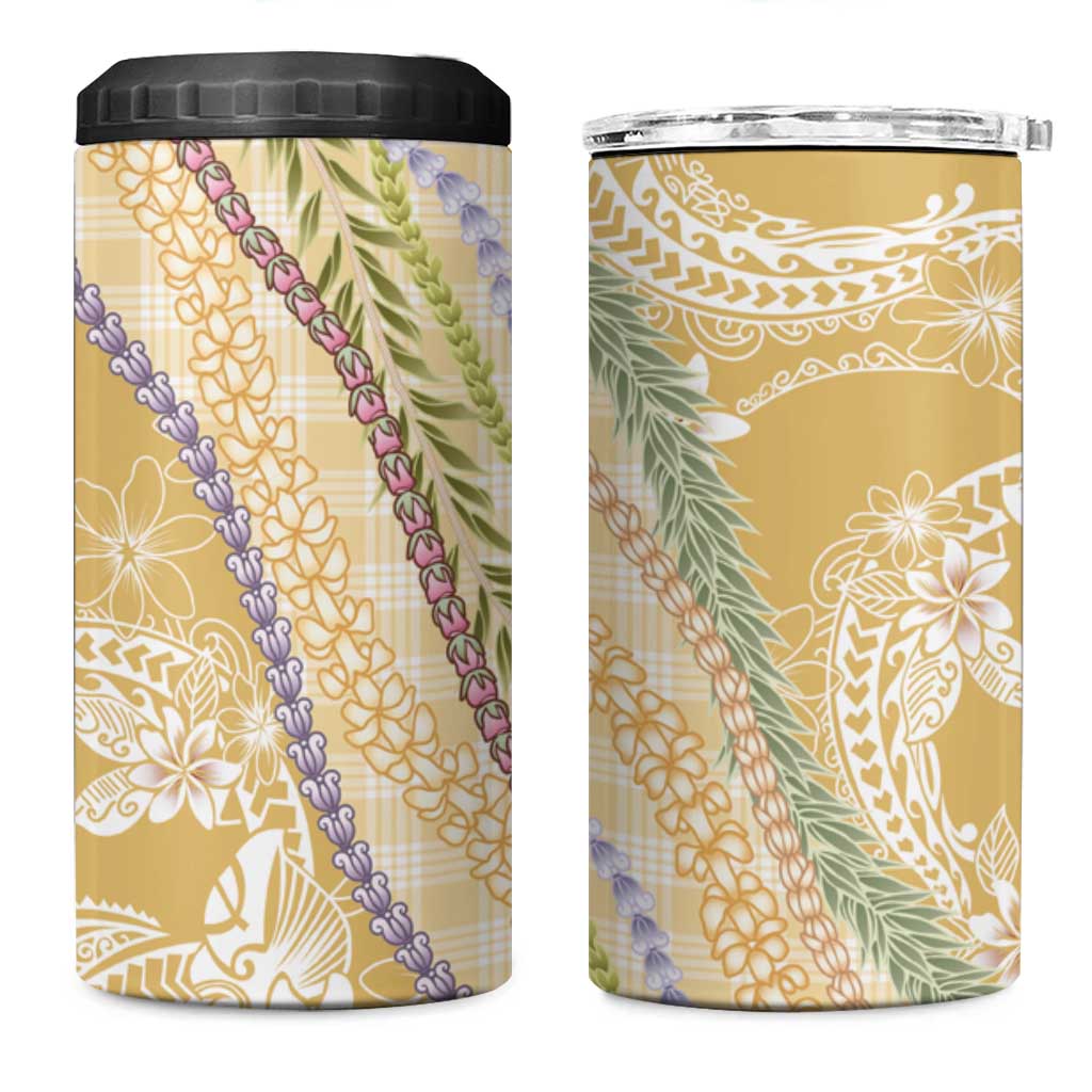 Yellow Palaka Hawaii Leis 4 in 1 Can Cooler Tumbler Hawaiian-plaid Elegant Tropical Vibes - Polynesian Pride