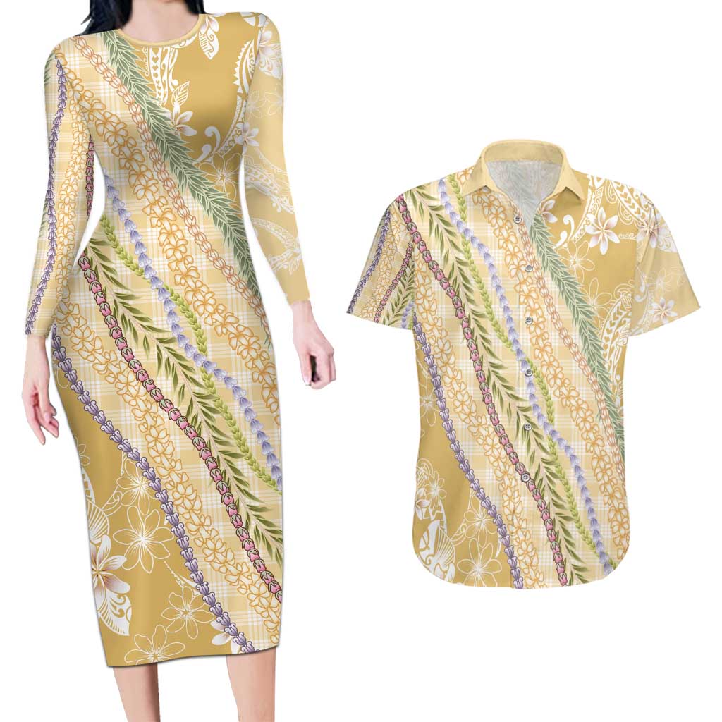 Yellow Palaka Hawaii Leis Couples Matching Long Sleeve Bodycon Dress and Hawaiian Shirt Hawaiian-plaid Elegant Tropical Vibes - Polynesian Pride