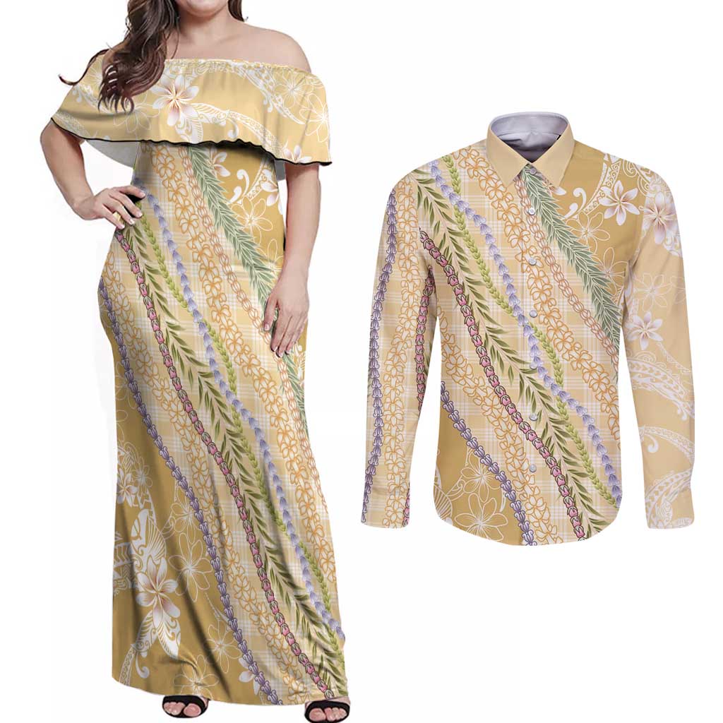 Yellow Palaka Hawaii Leis Couples Matching Off Shoulder Maxi Dress and Long Sleeve Button Shirt Hawaiian-plaid Elegant Tropical Vibes - Polynesian Pride