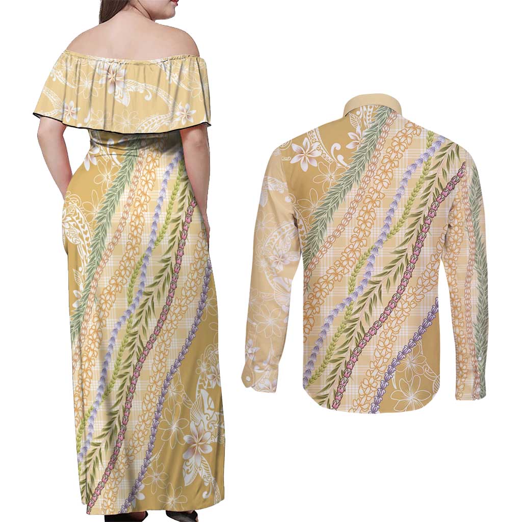 Yellow Palaka Hawaii Leis Couples Matching Off Shoulder Maxi Dress and Long Sleeve Button Shirt Hawaiian-plaid Elegant Tropical Vibes - Polynesian Pride