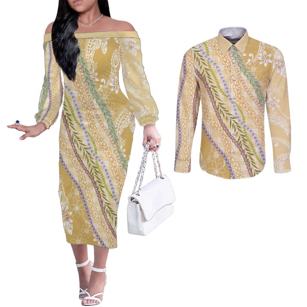 Yellow Palaka Hawaii Leis Couples Matching Off The Shoulder Long Sleeve Dress and Long Sleeve Button Shirt Hawaiian-plaid Elegant Tropical Vibes - Polynesian Pride