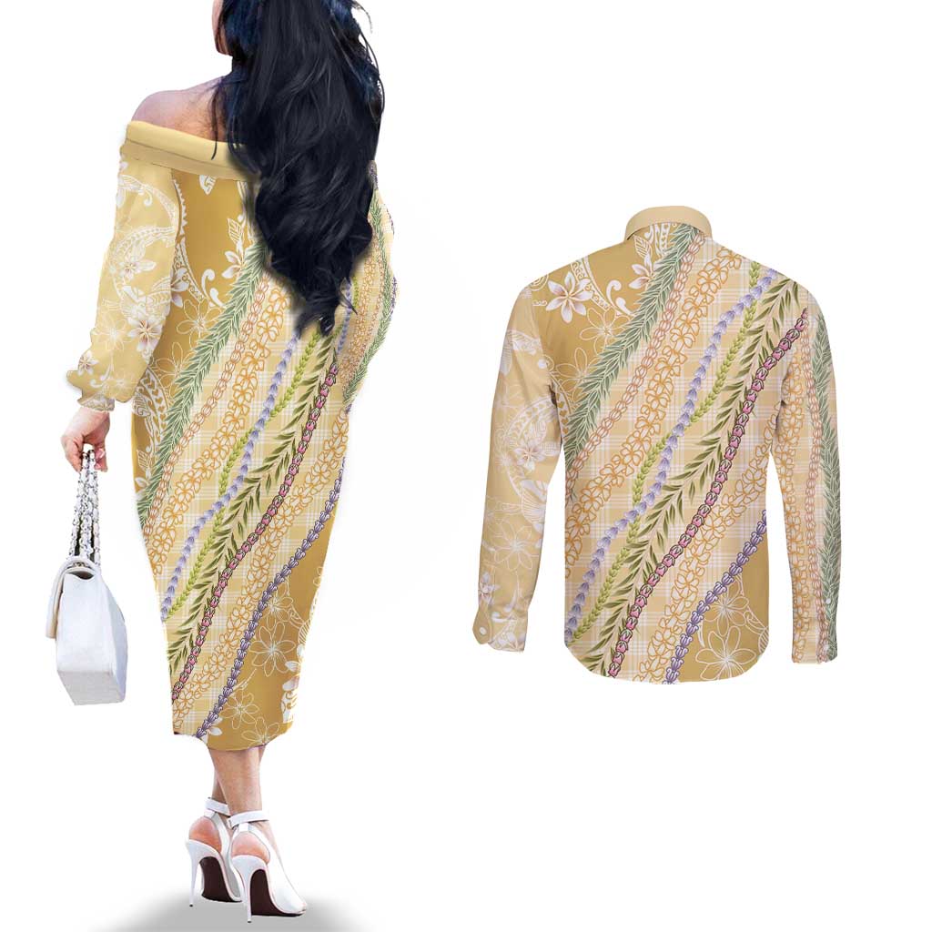 Yellow Palaka Hawaii Leis Couples Matching Off The Shoulder Long Sleeve Dress and Long Sleeve Button Shirt Hawaiian-plaid Elegant Tropical Vibes - Polynesian Pride
