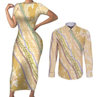 Yellow Palaka Hawaii Leis Couples Matching Short Sleeve Bodycon Dress and Long Sleeve Button Shirt Hawaiian-plaid Elegant Tropical Vibes - Polynesian Pride