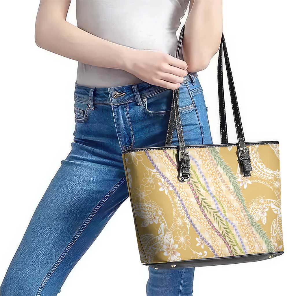 Yellow Palaka Hawaii Leis Leather Tote Bag Hawaiian-plaid Elegant Tropical Vibes - Polynesian Pride